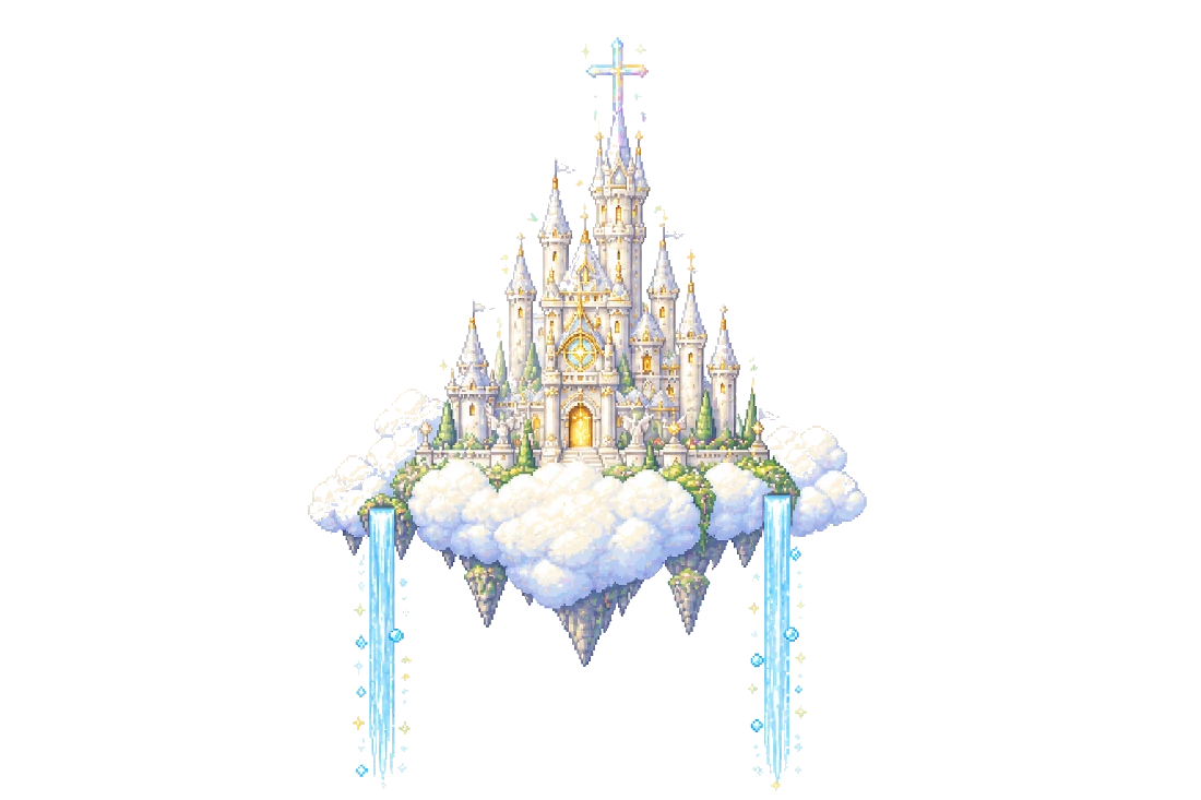 A small distant pixel castle on its own cloud with two waterfalls