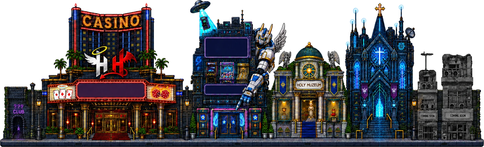 A pixel city district with a hidden club, casino hotel, arcade, museum, cathedral and two future buildings